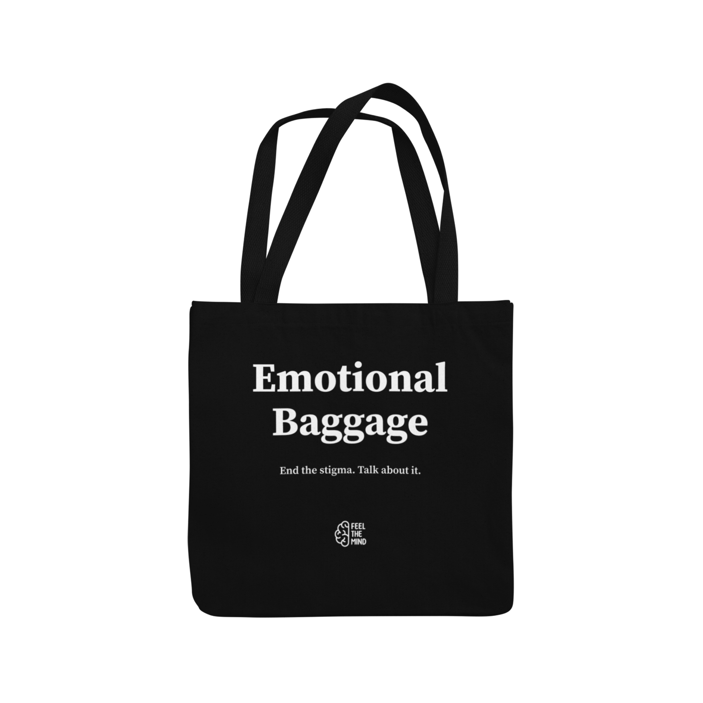 Black colored tote bag with "emotional baggage" on it