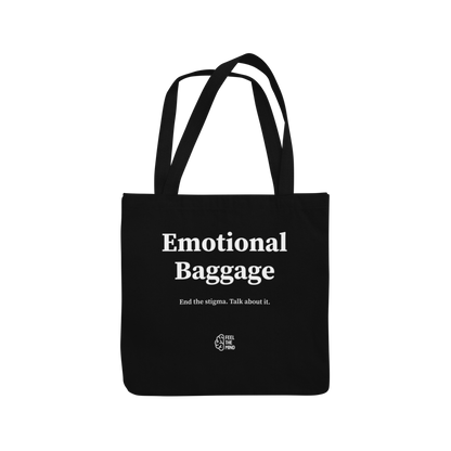 Black colored tote bag with "emotional baggage" on it