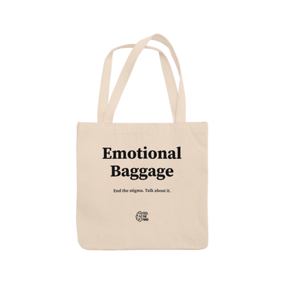 Natural colored tote bag with "emotional baggage" on it