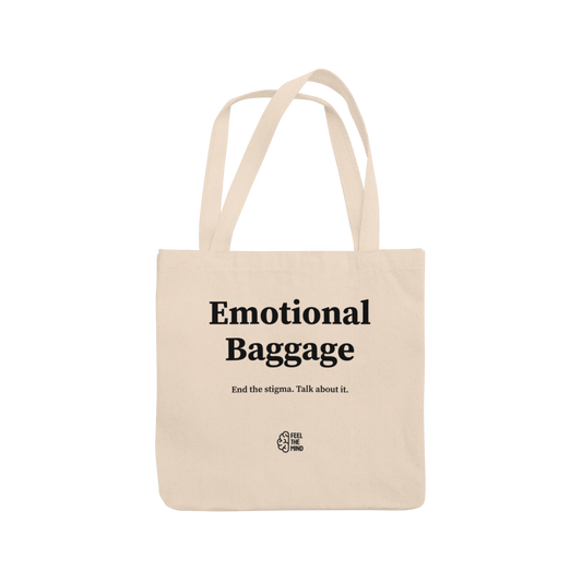 Natural colored tote bag with "emotional baggage" on it