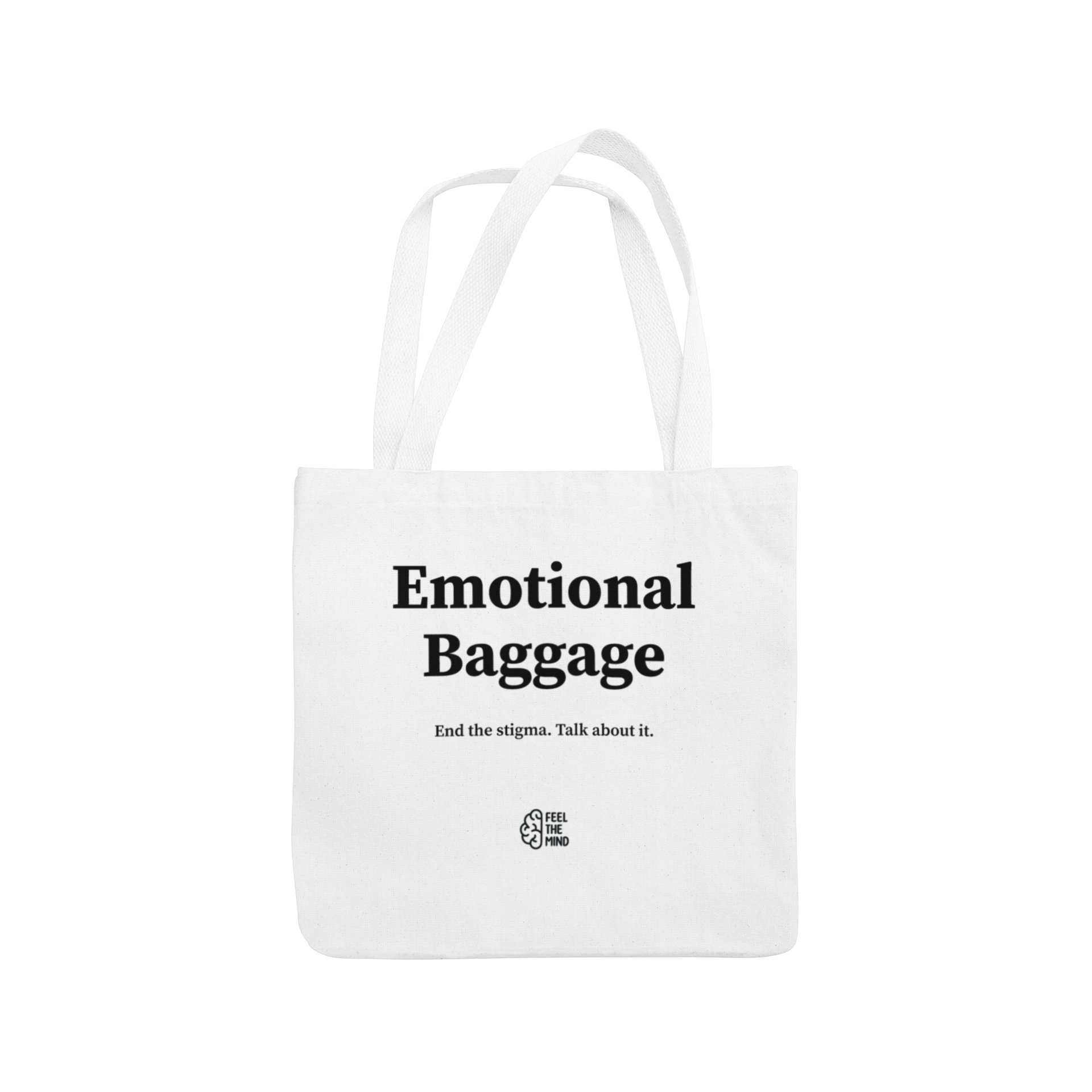 White colored tote bag with "emotional baggage" on it