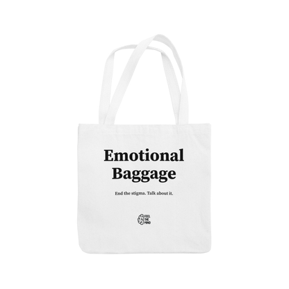 White colored tote bag with "emotional baggage" on it